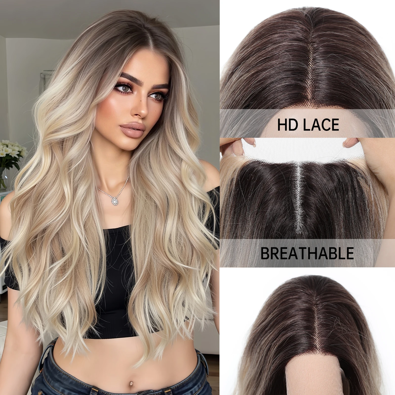 HAIRCUBE الدانتيل شعر مستعار أمامي أومبير شعر مستعار أشقر طبيعي للنساء جذور داكنة طويل مجعد شعر مستعار اصطناعي الجزء الأوسط الشعر ارتداء اليومي شعر مستعار