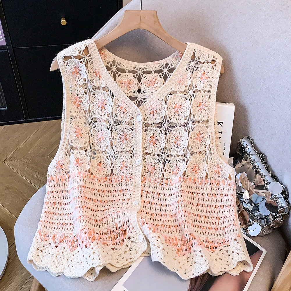 Women's Summer Thin Hollow out Hook Flower Vest Top Outerwear Open Cardigan 2026 New Style Small Strap Layered Shirt