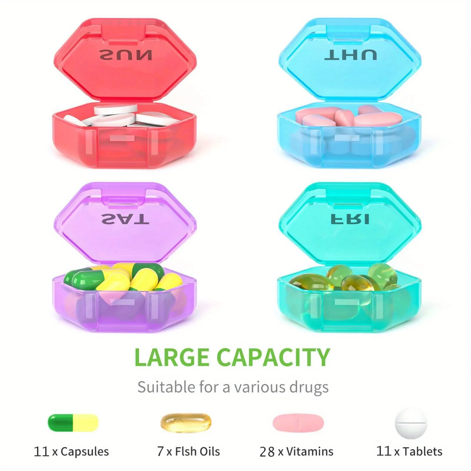 Portable Pill Box Weekly Pill Organizer Travel Pill Container Portable 7 Days BPA Free Daily For Medicine Storage Box