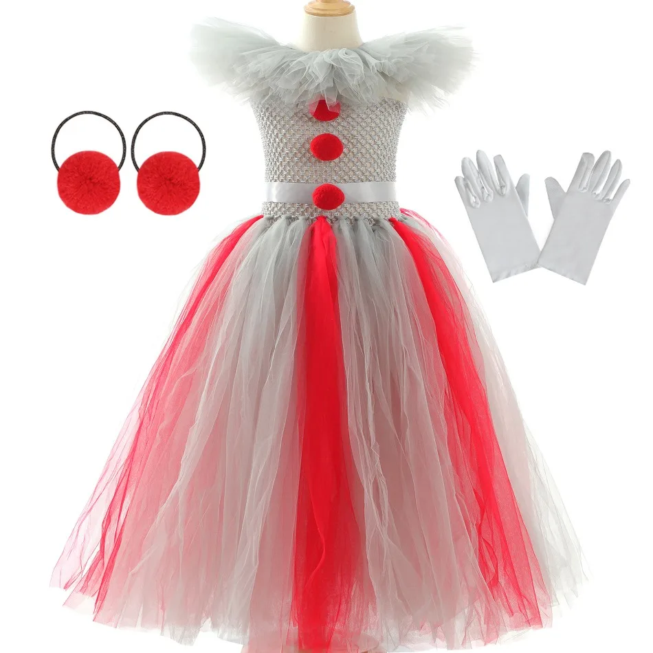 Girls Long Spooky Gorgeous Clown Tutu Dress Grey Red Contrast Tulle Maxi Dress Halloween Cosplay Stage Party Fancy Dress ZZ12
