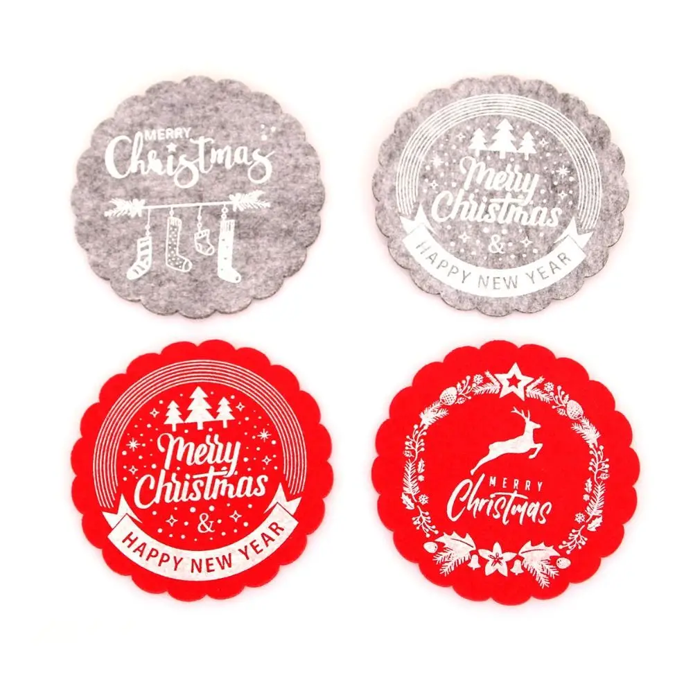 10pcs Red Grey Christmas Felt Coasters Heat Resistant Elegant Wine Cup Mats Non-Slip Merry Christmas Decoration Home Xmas Decor