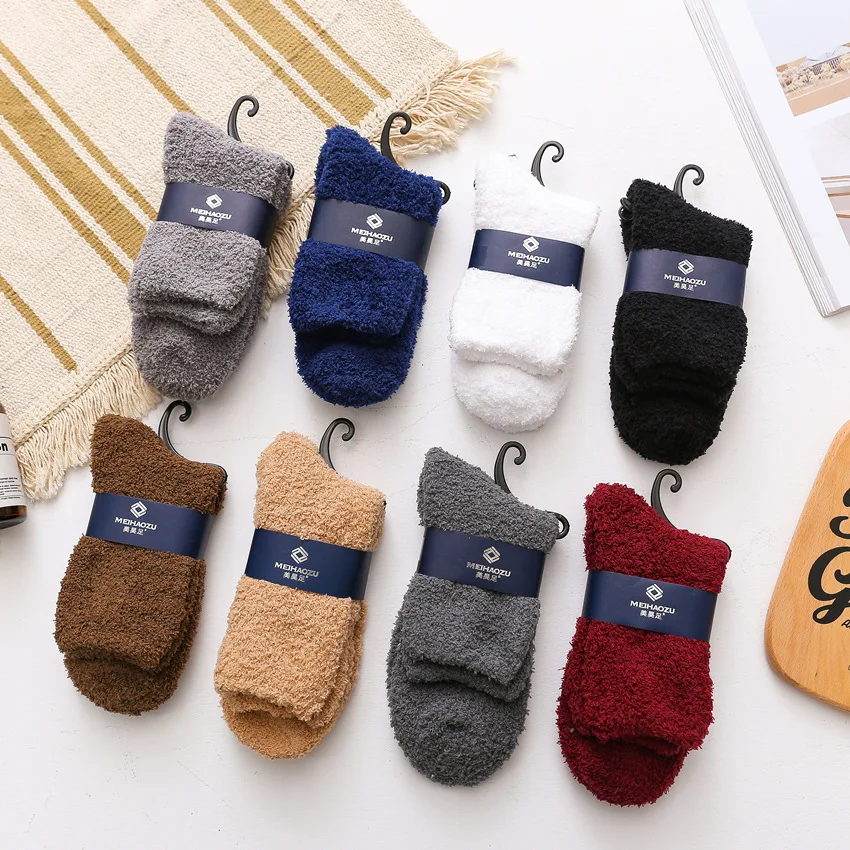 4 pairs of random men's winter coral fleece socks, home thick warm floor socks, sleeping mid tube men's socks
