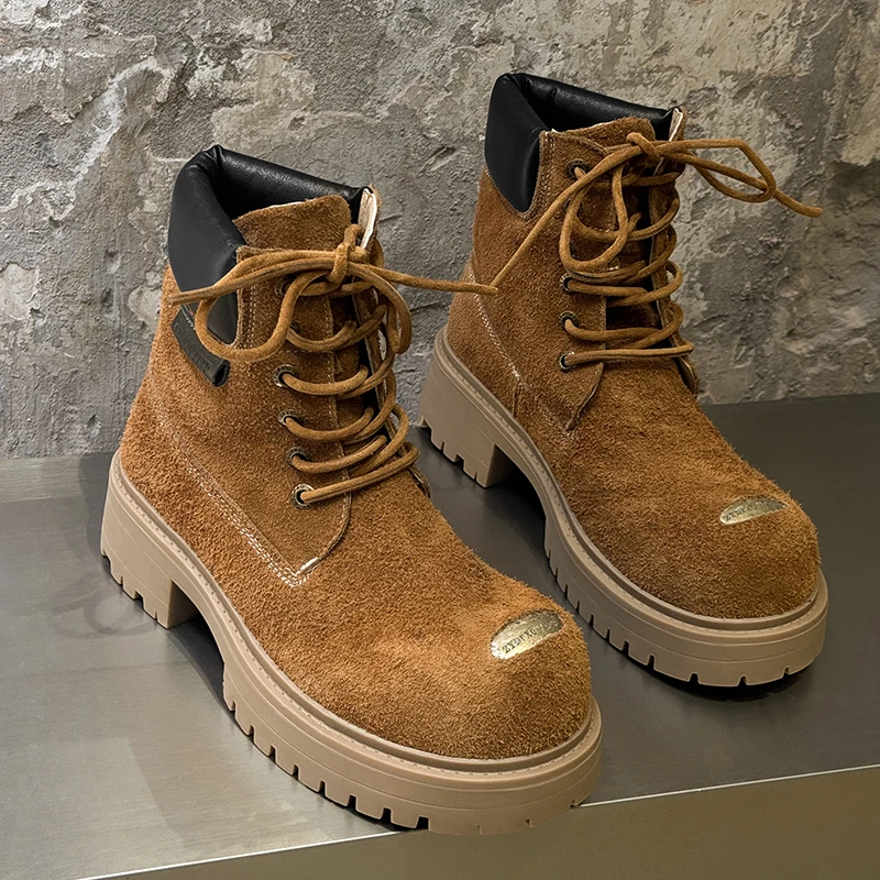 Trendy Brand Multi Colored Big Head Men Thick Soled Motorcycle Boots Height Increasing Color Blocking Suitable for Both MenWomen