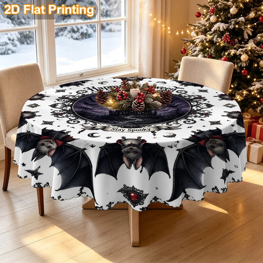 Tablecloth Christmas Gift 2D Flat Print. Pack of 1, Halloween Horror Bat Castle Pattern Round Tablecloth