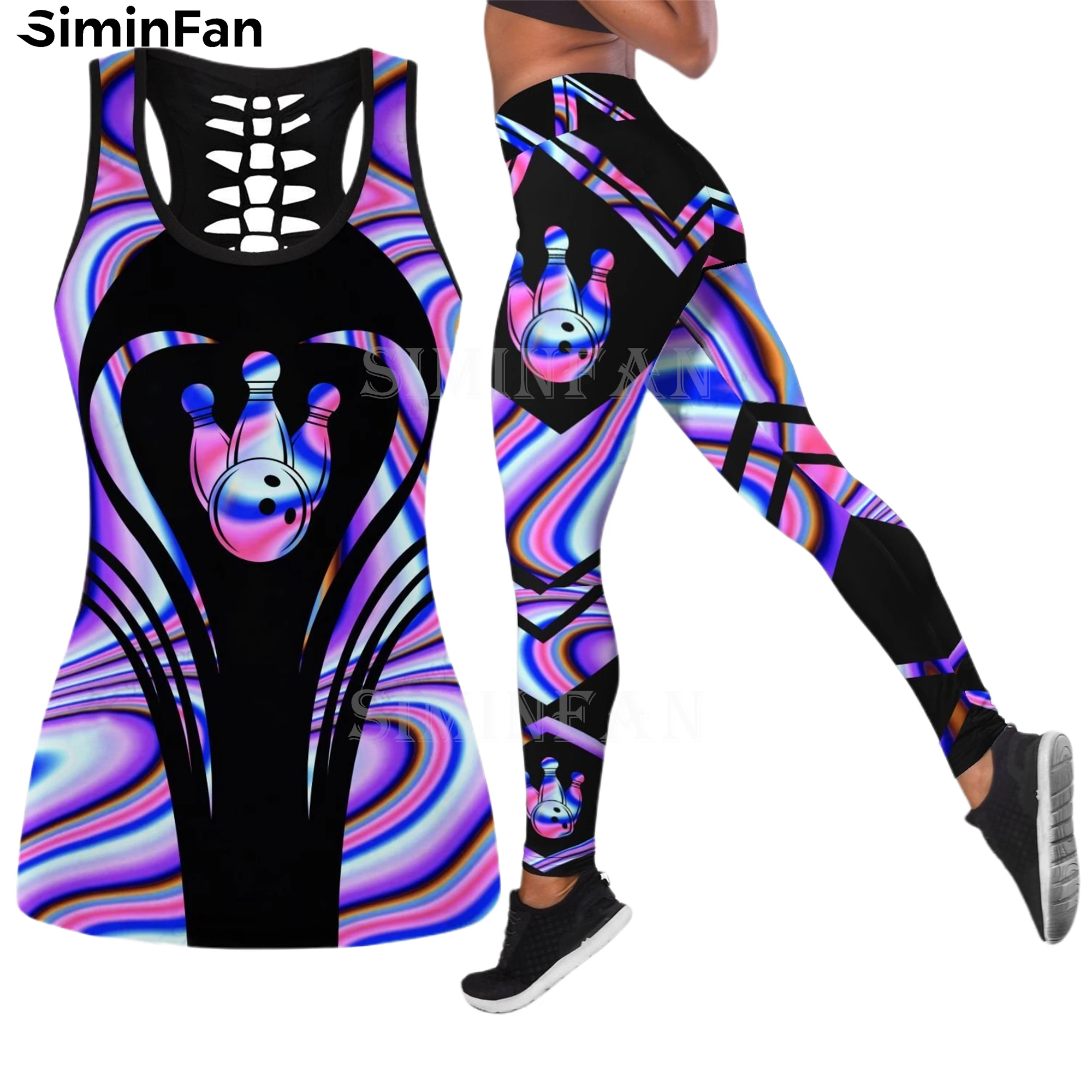 LOVE BOWLING 3D Printed Women Hollow Tank Top Legging Summer Casual Vest Pants Suit Two Piece Set Yoga Sportswear Female Outfit