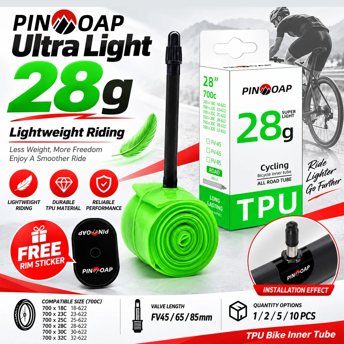 PINMOAP Lightweight TPU Bicycle Inner Tube 700C 18-32C Road Bike Tire Tube Ultralight Cycling Replacement Tube FV45/65/85mm