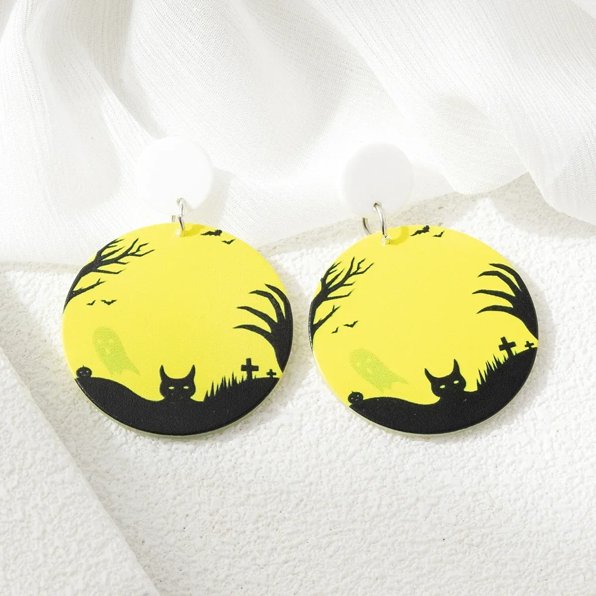 Boucles d'oreilles créoles en acrylique pour Halloween, toile d'araignée effrayante, chauve-souris, Aliments, lune, cercueil, amour, crâne, noir, amis