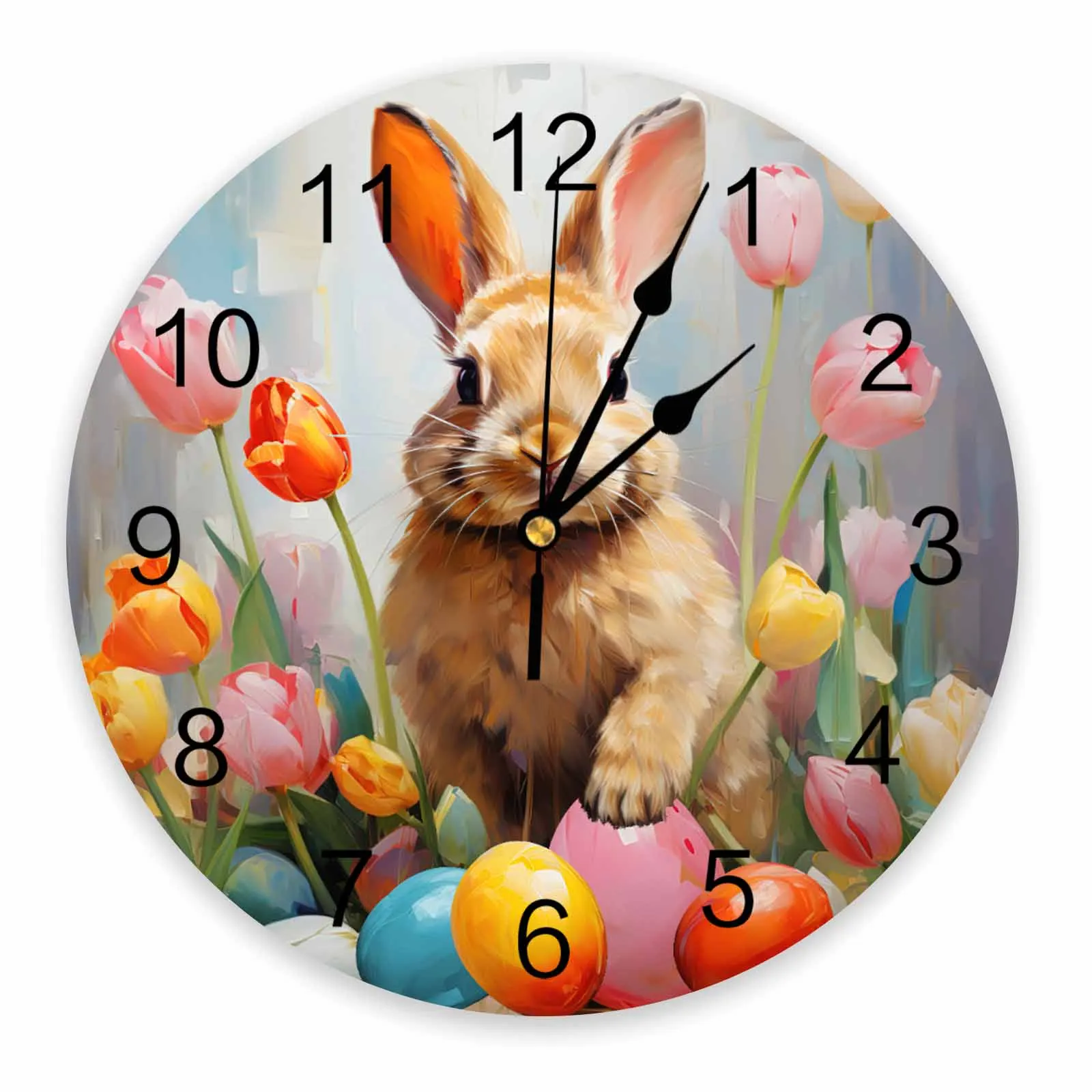 Easter Tulip Eggs Brown Rabbit Printed Wall Clock Modern Silent Clock Living Room Home Decor Wall Hanging Watch