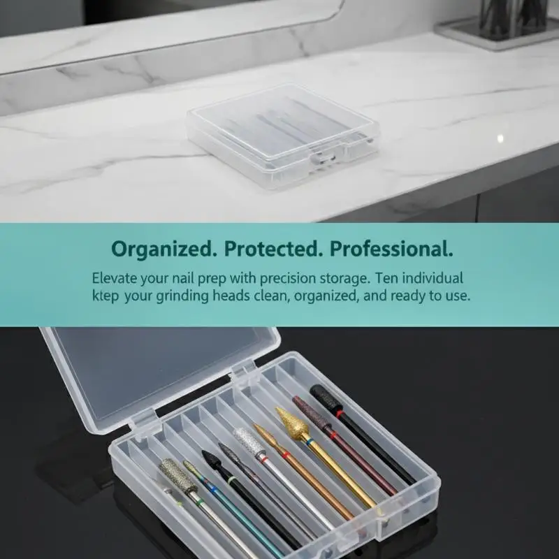 Nail Drill Bit Storage Box 10 Slot Transparent Visible Scratch Resistant Organizer for Professional Nail Salons Home Manicure