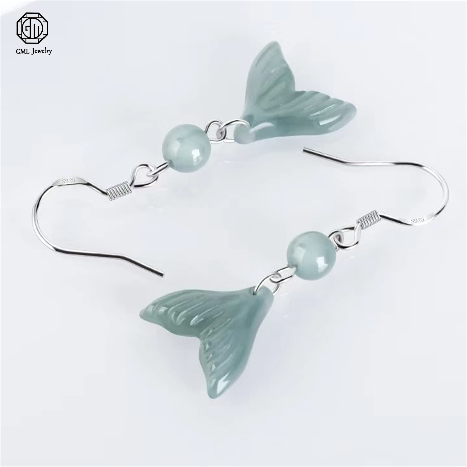 Natural Grade A Jadeite Blue Water Fish Tail Earrings Ice Translucent Vintage Women Drop Lotus Butterfly Earrings Jewelry Gift