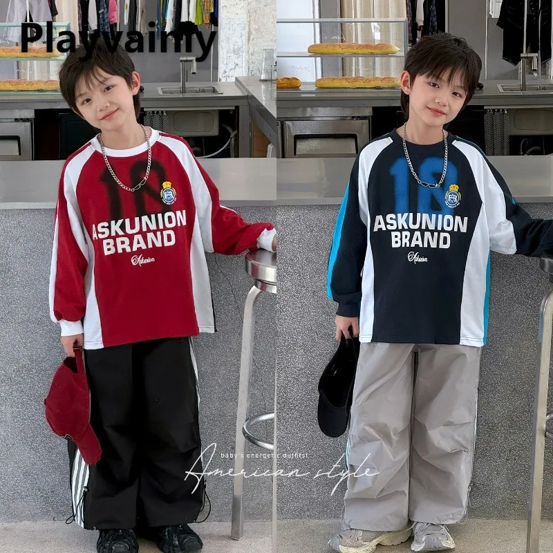 

Boys' Fashion Patchwork Long Sleeve Top Blue Red Letter Number Print T-shirt Casual and Trendy Kids' Clothing for Autumn A5027