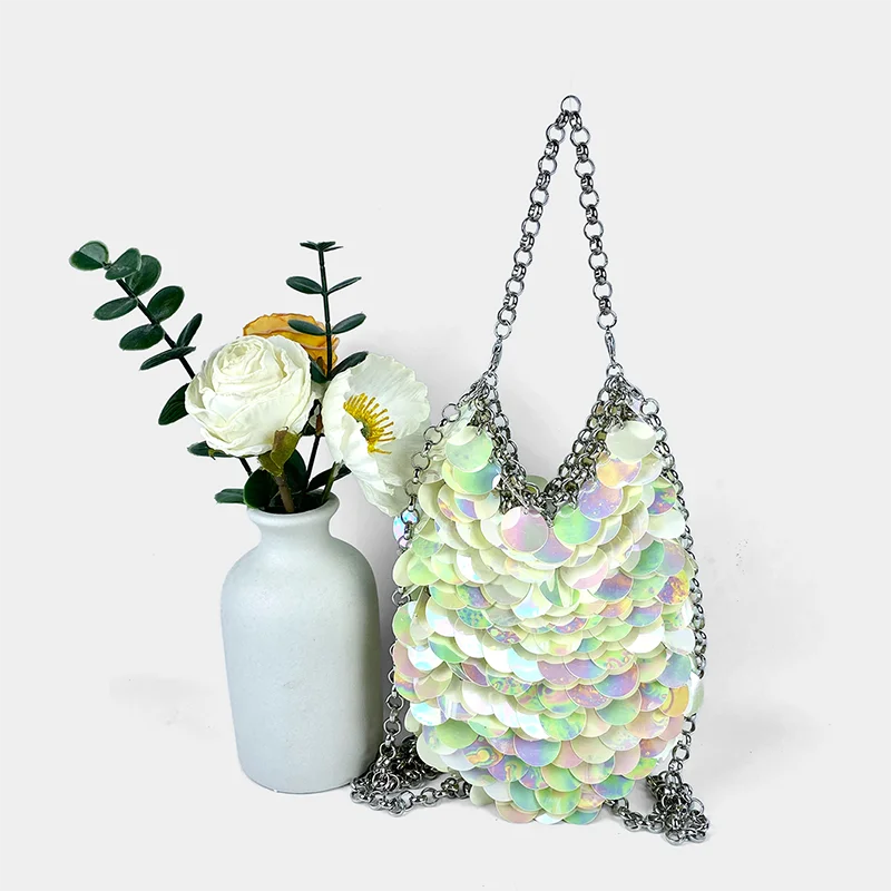 Bolso de lentejuelas de escamas de pescado coloridas para mujer, bolso de banquete tejido a mano, bolso de teléfono móvil, bolso cruzado brillante,