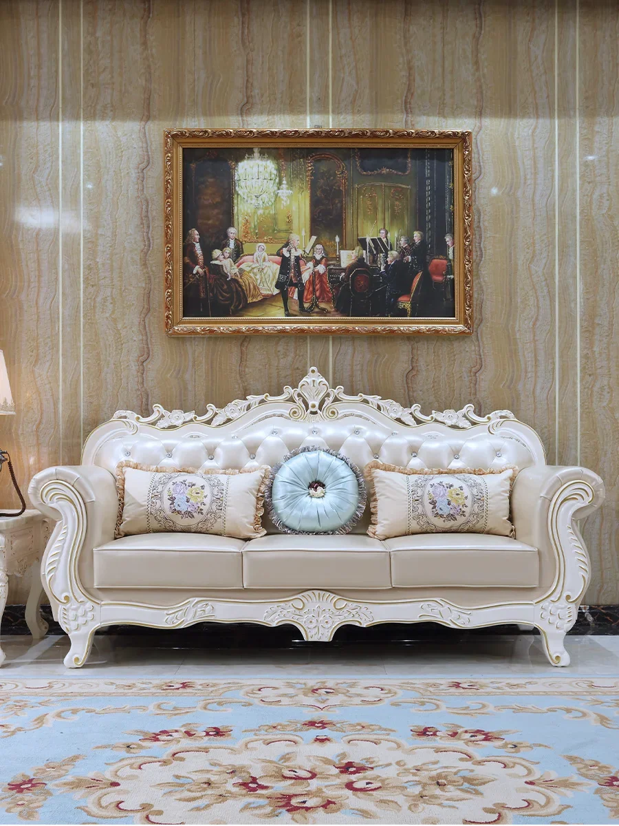 

European leather sofa 123 combination villa living room furniture French luxury solid wood carved white cowhide sofa