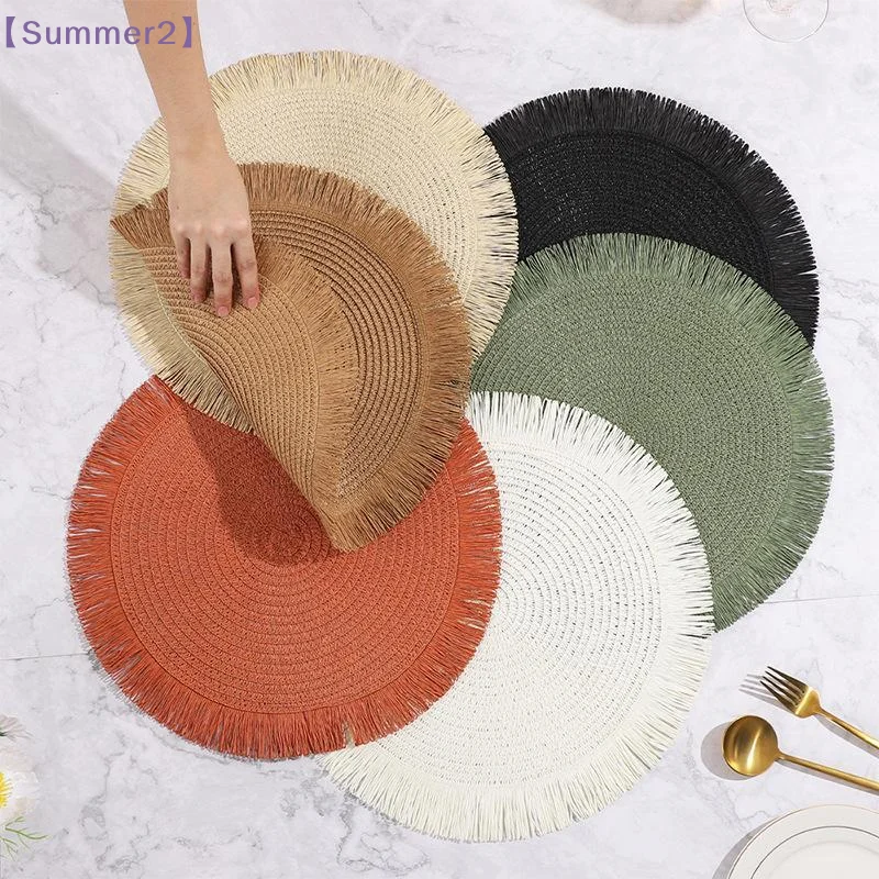 【Xia2】Round Hand-Woven Paper Fringe Edge Placemat Boho Heat-Resistant Table Protector Mat Coasters For Dining Table Party Decor