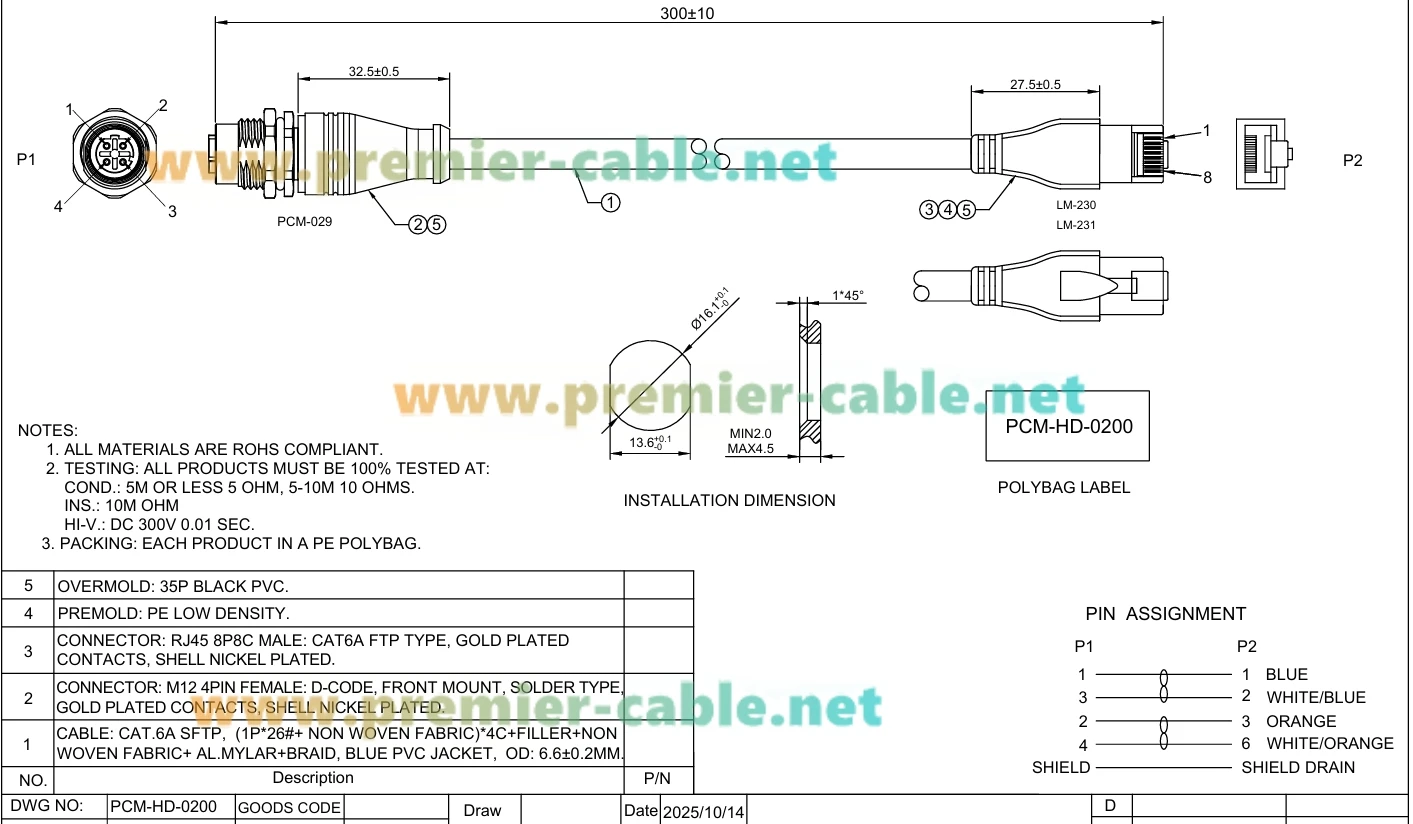 Panelmontage M12 D-Code 4-Pin auf RJ45 Kabel 100Mbps CAT6A SFTP Industrielles Ethernet-Kabel IP67 Abgeschirmt für Profinet, EtherNet/IP – Detail 1