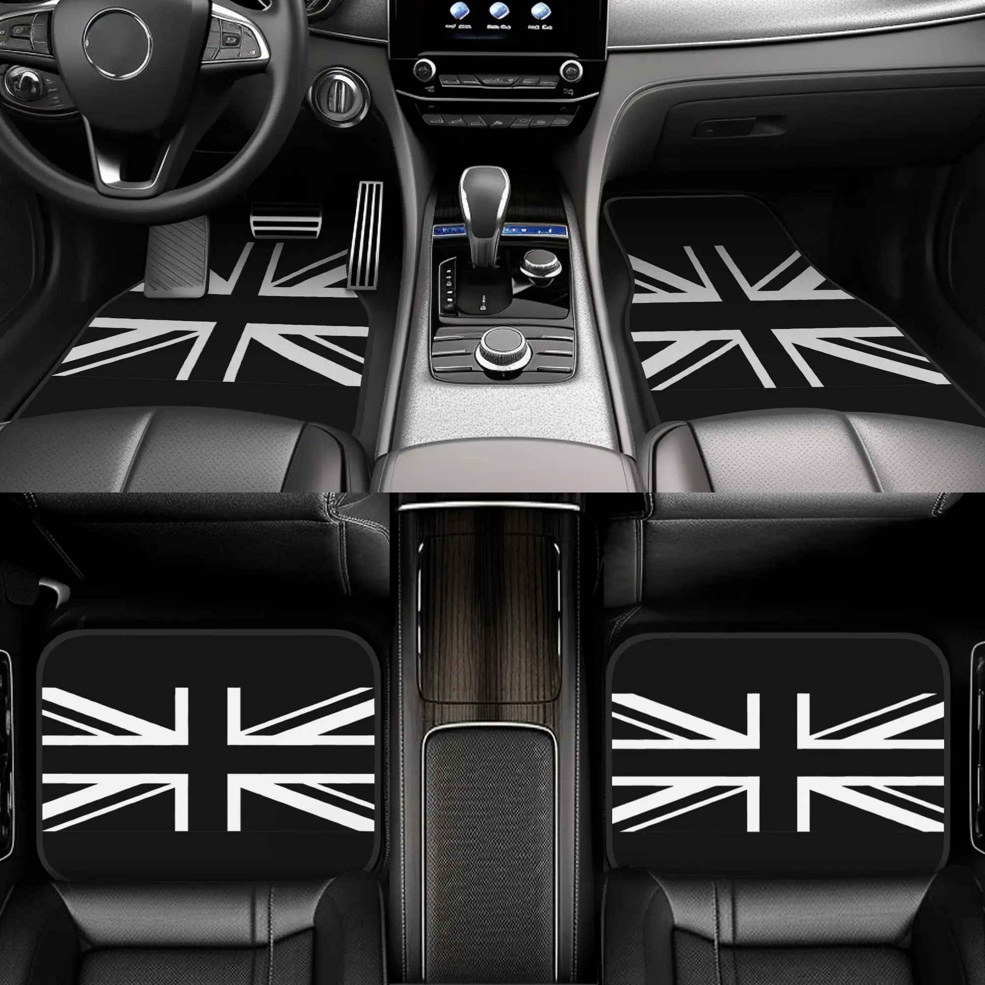 4pcs Union Jack Car Floor Mats - British Flag Design (Union Jack), Non-Slip Grip, Full Coverage Front & Rear Seats, Easy-to-Clea