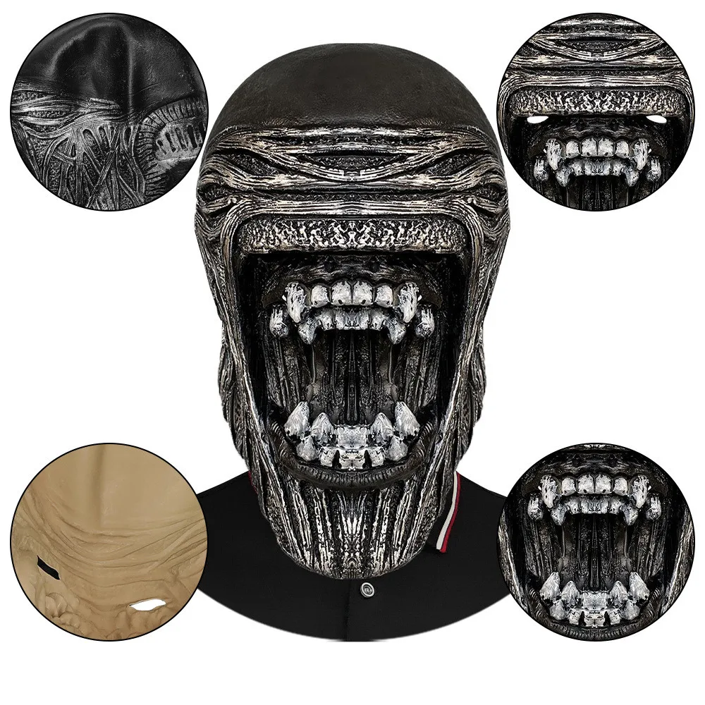 Alien Gruselmasken Latex-Kopfbedeckung Cosplay-Kostüm-Requisiten Schwarzer Helm Realistische Masken – Detail 4