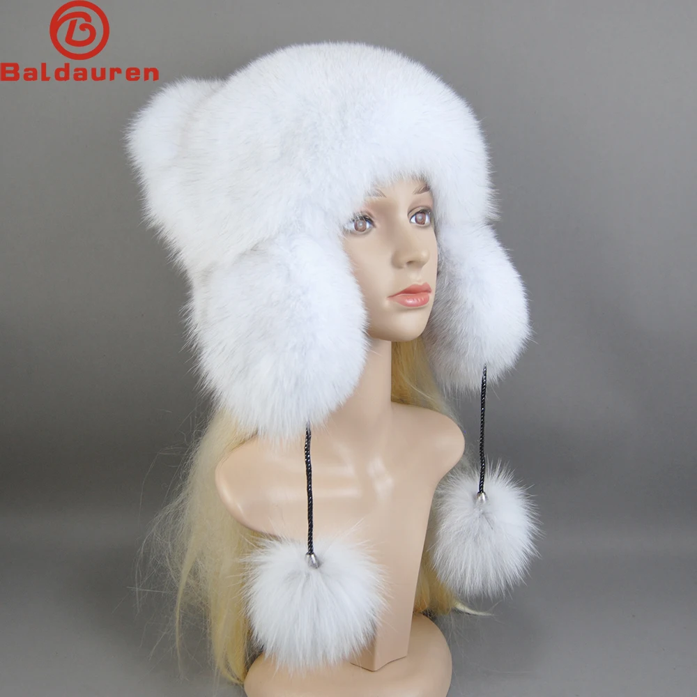 

2024 Winter Fur Hat For Women Hat With Ear Real Fox Fur Caps Russian Luxury Women Bomber Hats Bonnets Trapper Cap Camo Fox Hat