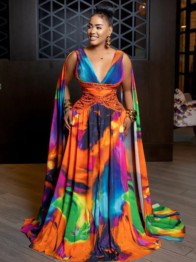 

Африканские платья для женщин, лето-осень, африканская одежда, платье с длинными рукавами и рюшами, сексуальное платье макси с v-образным вырезом, офисное женское вечернее платье