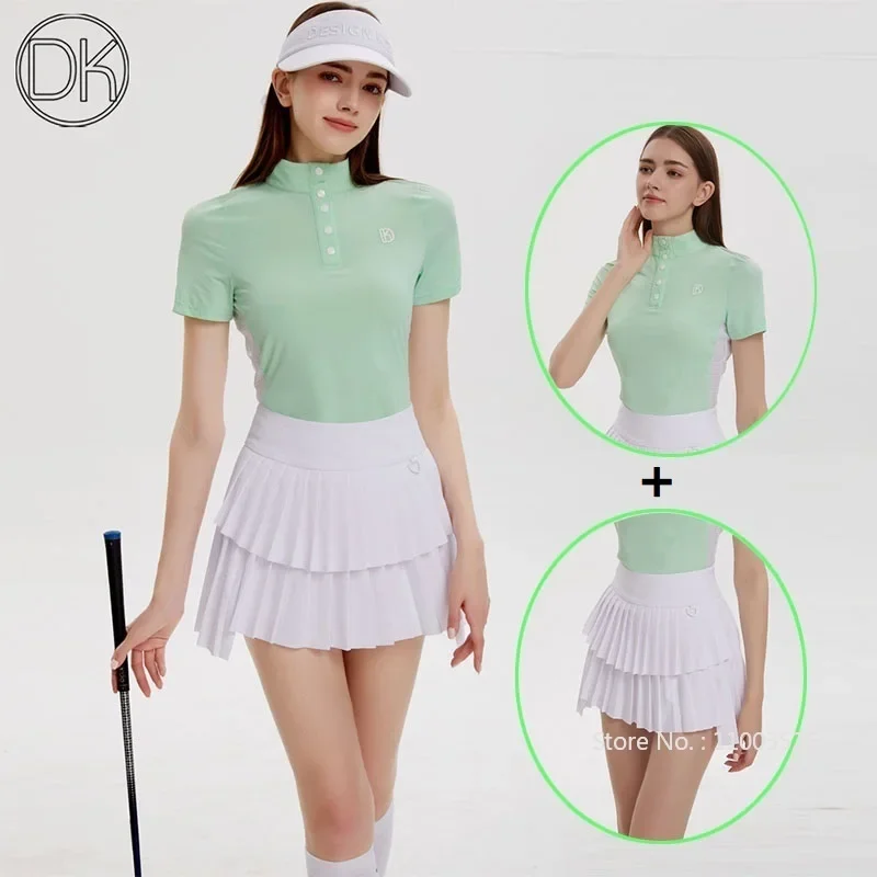 DK Golf Women Summer Clothing Thin Short Sleeved T-shirt Stand Collar Golf Tops High-waist Skirts Tennis Pleats Skirt Suit