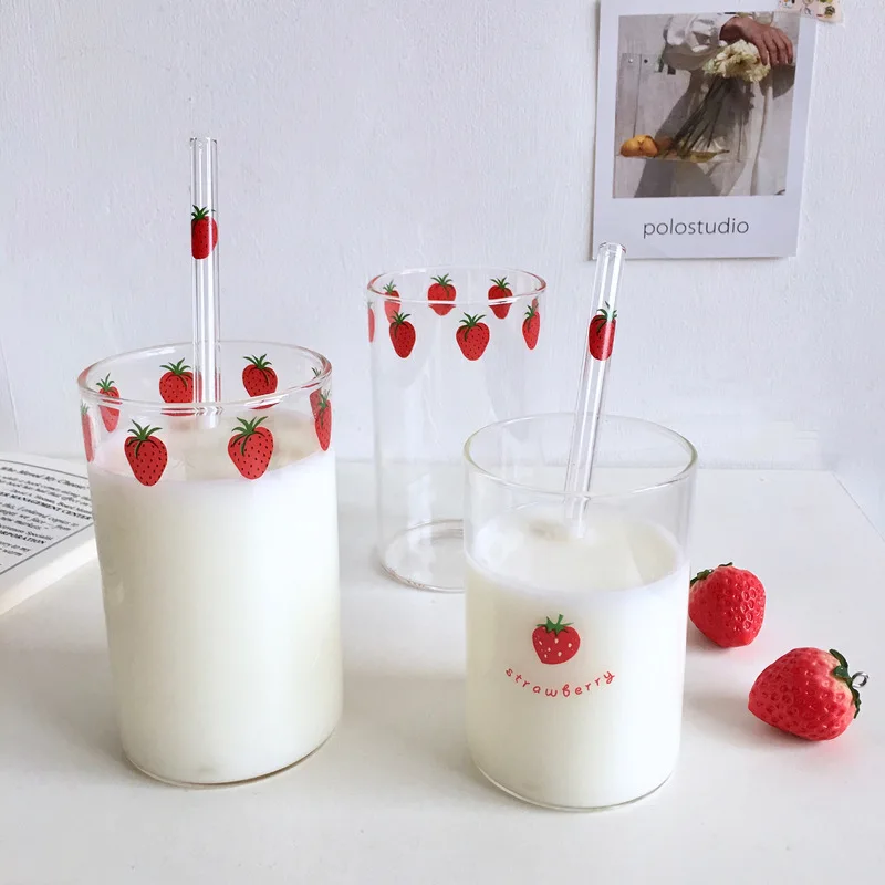 300ml Strawberry Cute Nordic Glass Cup With Straw Creative Transparent Water Cup Student Milk Heat Resistant Glass