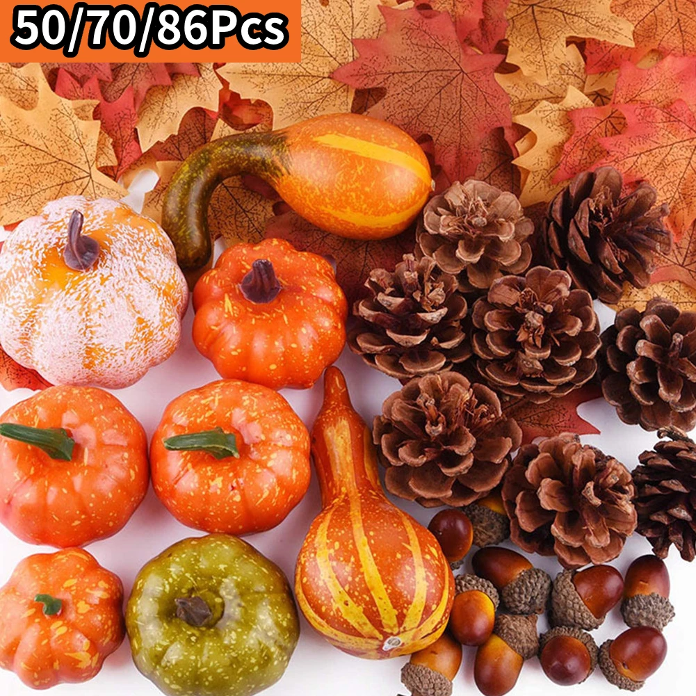 50/70/86Pcs Artificial Pumpkin Fake Maple Leaf Set Foam Pumpkins Pine Cones Autumn Thanksgiving Halloween Party Decoration
