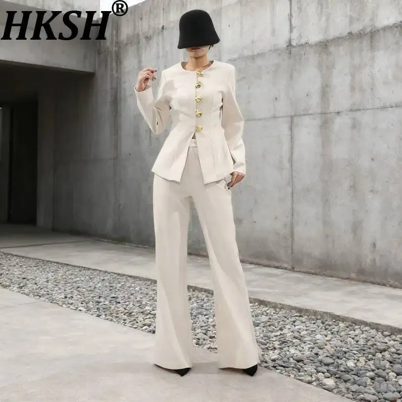 

HKSH Women Suit French Style Solid Color High-End Waist-cinching Single Breasted O-Neck Blazer Elegant Chic Simple Pants HK24172