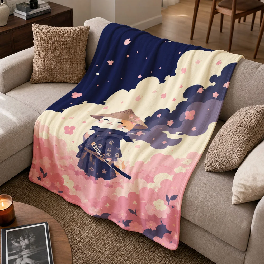 Cute Anime Kawaii Floral Print Throw Blanket for Sofa Bed Fleece Plush Lap Throw Japan Sakura Cloud Decor