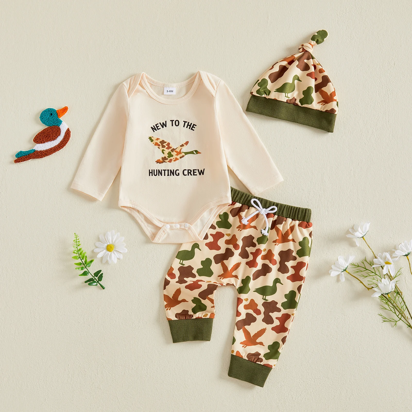 Baby Boy Fall Outfit Letter Long Sleeve Romper Pattern Pants Beanie Hat Cute Boys Autumn Clothes Set 3PCS