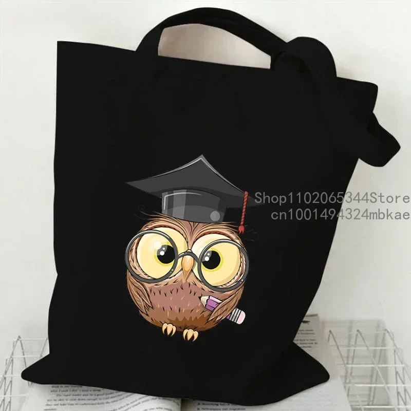 Cartoon Owl  Hand-painted Print Women Handbag Fashion Tote Bag High-capacity Reusable Shopping Bag Kawaii Animal Lady Canvas Bag