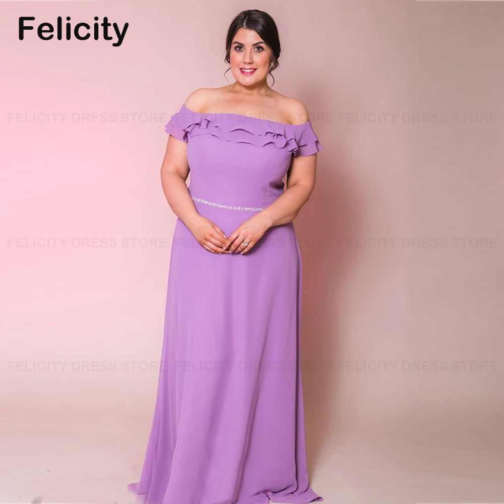 

Purple Plus Size Mother of the Bride Dress 2023 A-Line Off The Shoulder Wedding Guest Dresses Beading Belt Formal Occasion Gowns