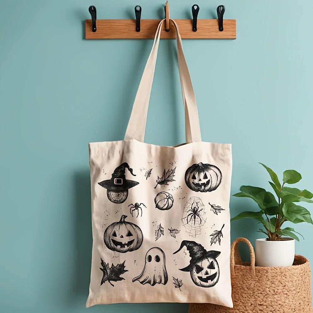 Bolso de lona de estilo vintage para Halloween, con diseño de calabaza, fantasma y araña en blanco y negro, reutilizable, ideal para llevar la compra, bolso de hombro para mujer.