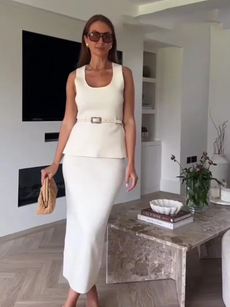 

HH женский комплект с трикотажной юбкой, шикарный комплект без рукавов с круглым вырезом и поясом, однотонный жилет, топ + модная юбка-миди с эластичной резинкой на талии и разрезом подол