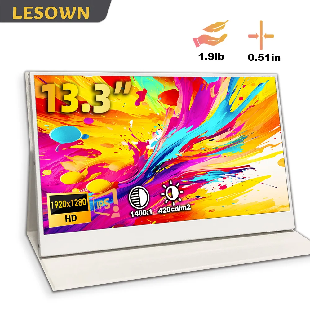 

LESOWN 13.3'' Portable Monitor 1920x1080 IPS External Display Auxiliary Screen for Laptop PC Gaming Plug & Play with USB-C HDMI