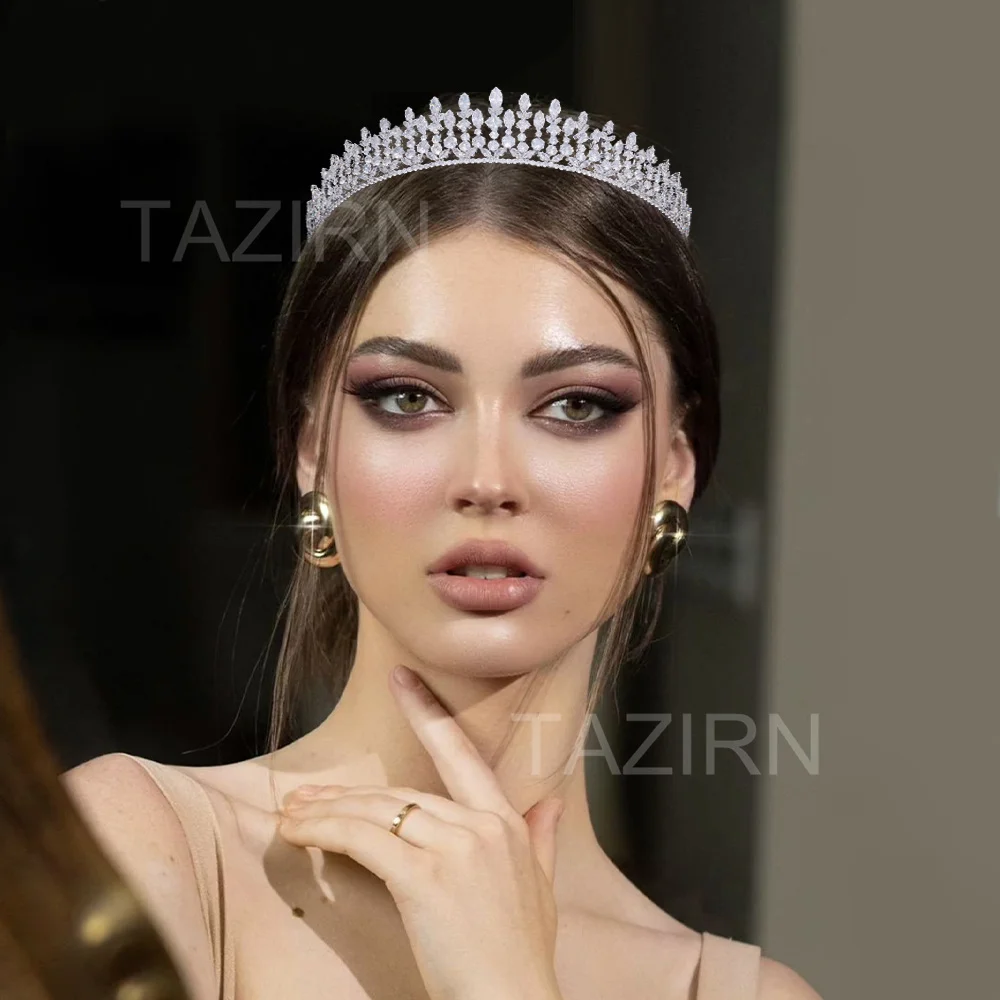 TAZIRN Lengthen 5A Cubic Zirconia Wedding Tiaras and Crowns for Women Bride Exquisite Handmade CZ Hair Accessories Jewelry Gifts