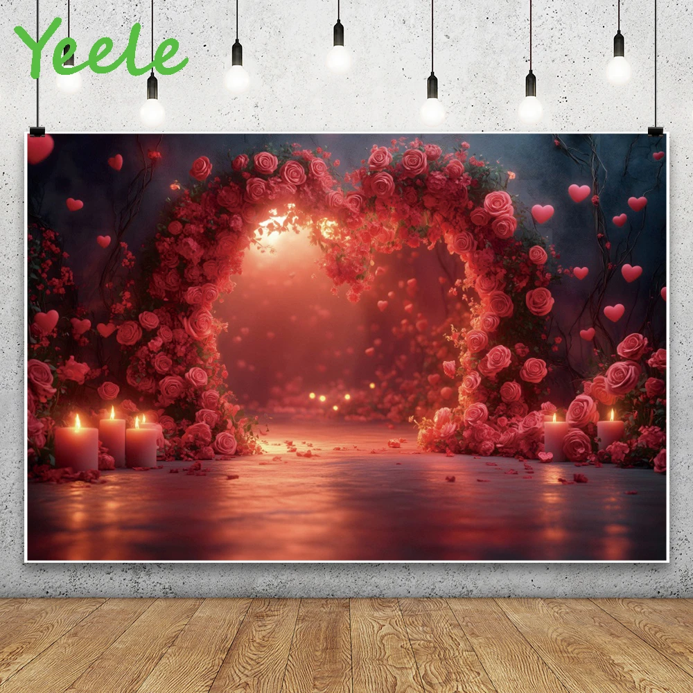 Romantic Roses Valentine's Day Photography Background Heart Shape Floral Candle Pattern for Anniversary Banner Portrait Backdrop