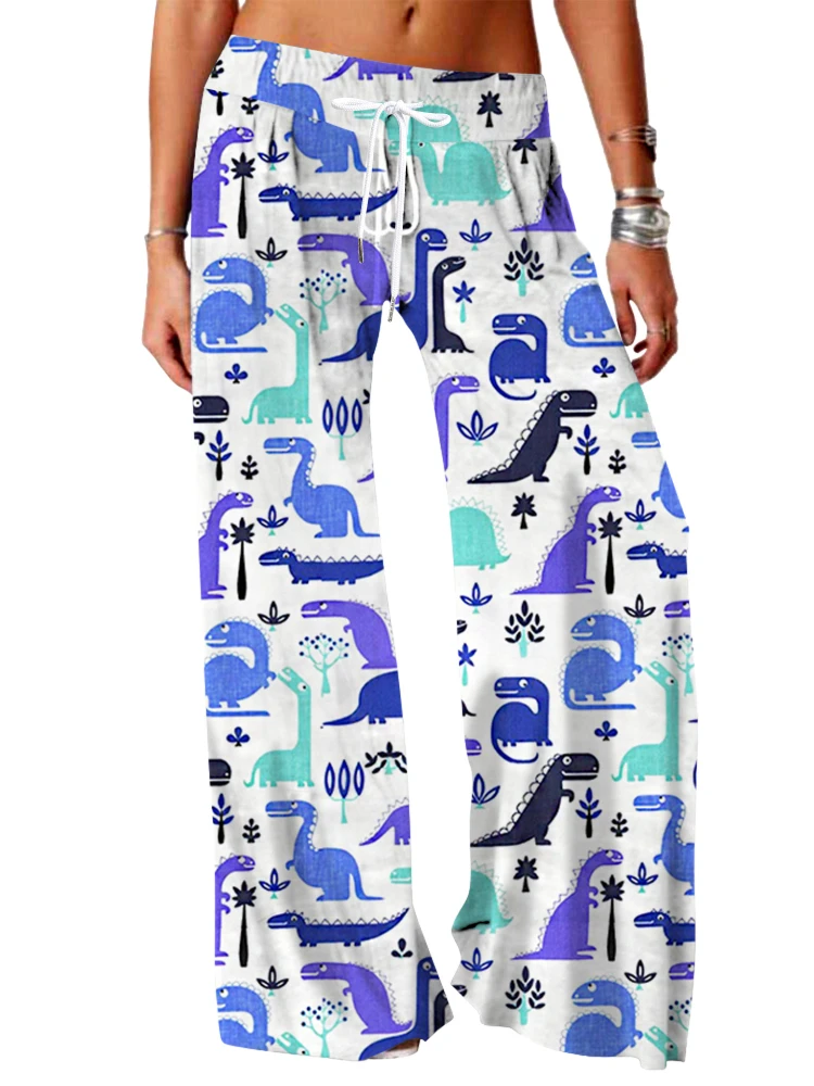 Pantalones de pierna ancha para mujer, pantalón de longitud completa con estampado gráfico de dinosaurios, Hipster, informal, ropa de calle de verano