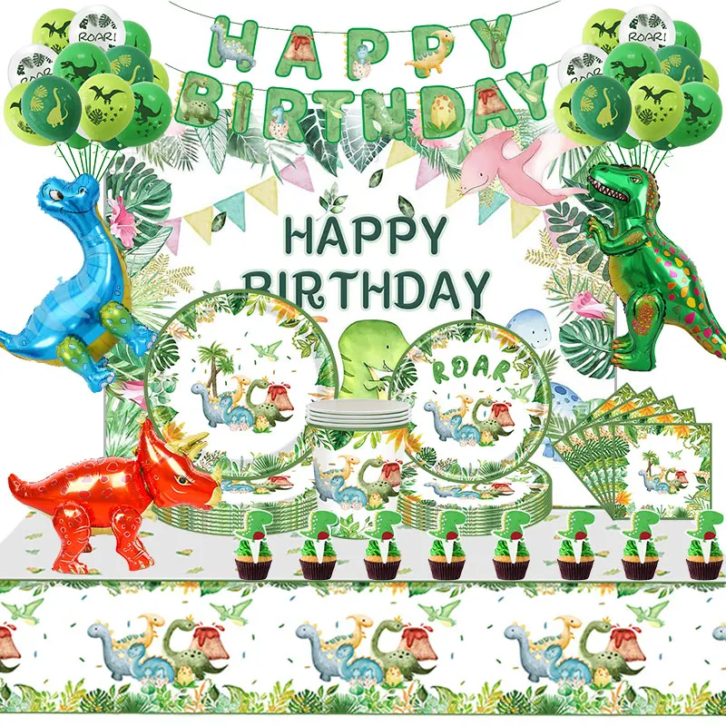 Décoration d'anniversaire dinosaure, ballons dinosaures de dessin animé, vaisselle, gobelets, assiettes, serviettes, bannière, toile de fond, sacs cadeaux, fournitures de fête pour enfants