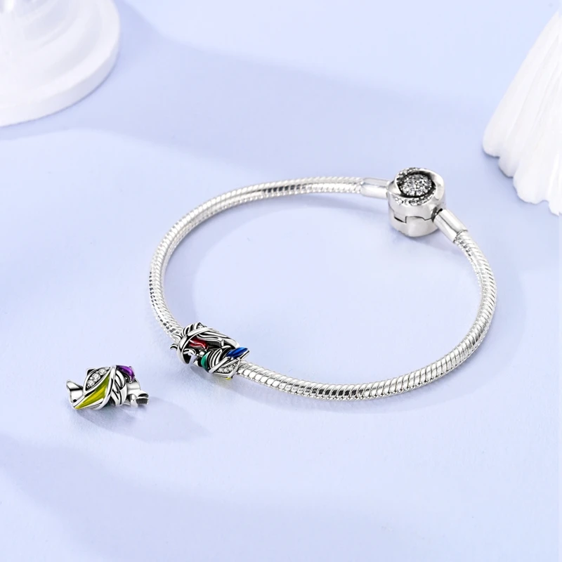 حالمة الملونة ريشة الخرز 925 فضة الخرز الأصلي صالح الأصلي 925 سحر خرز سوار مجوهرات هدايا للنساء