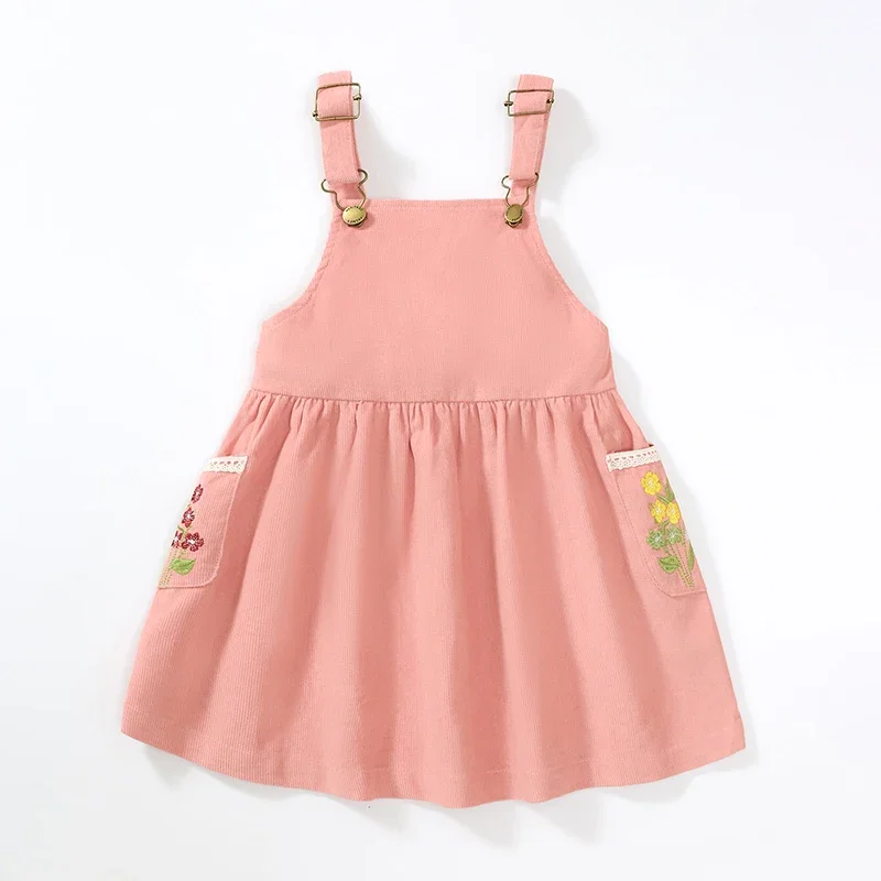 Little maven Autumn Children's Clothing kids Clothes Baby Girls Sleevesless Cartoon Strap Embroidery Flowers Corduroy Dresses