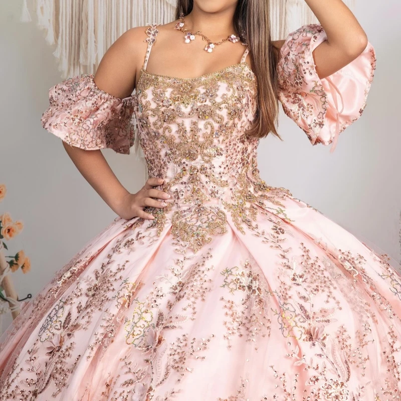 Robes De Quinceanera rose hors De l'épaule Applique fleur perles cristal tulle fête anniversaire douce 16 robe robes 15 De Anos