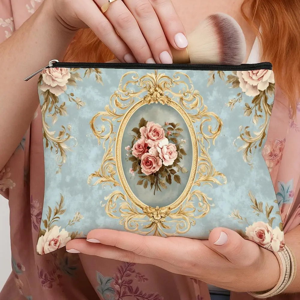 1 bolsa de cosméticos decorativa con diseño floral y diseño de rosas vintage, bolsa multifuncional con cremallera para mujer, bolsa de almacenamiento con cremallera perfecta para viajes, divertido regalo de cumpleaños