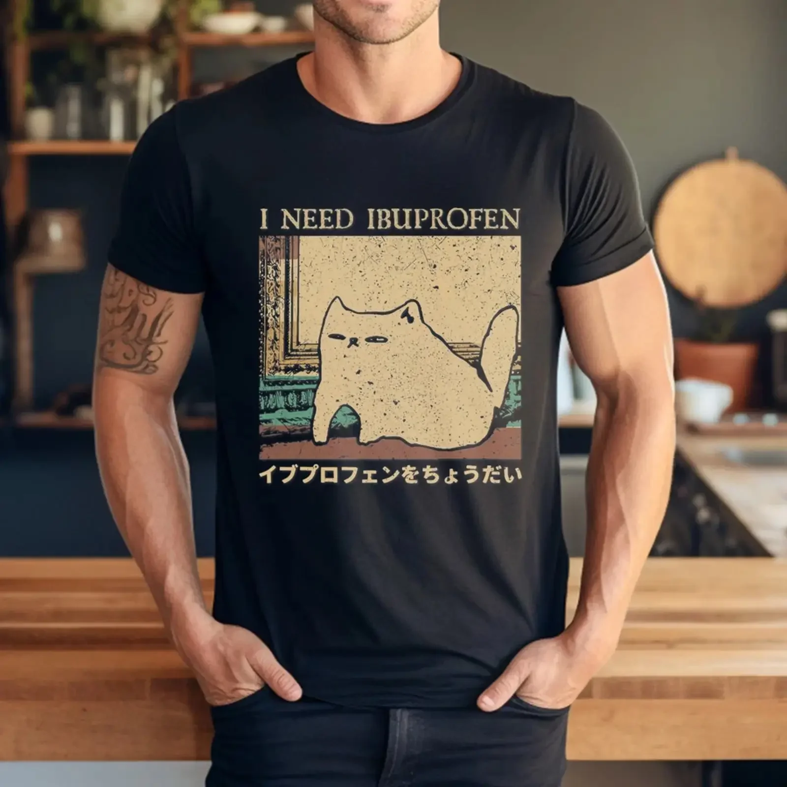 T-Shirt „I Need Ibuprofen“ lustiges Katzen-Meme japanisch Herren Damen Vintage Washed Soft Designer-Kleidung Grafik Stretch