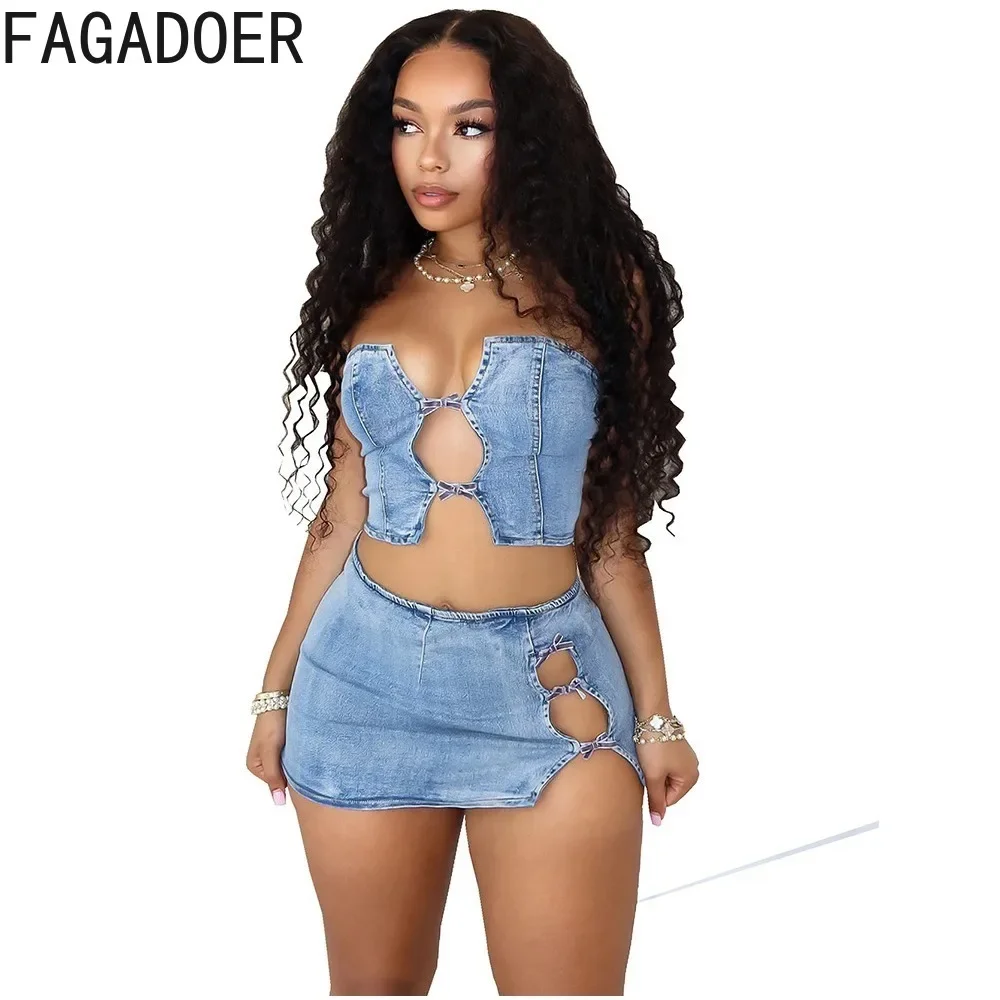 FAGADOER Sexy Hollow Out Denim Mini Spódniczki Dwuczęściowe Zestawy Dla Kobiet Off Shoulder Sleeveless Backless Slim Tube And Skirt Outfits