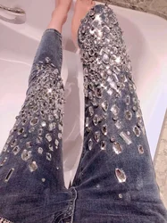 Luxury Women Handmade Diamonds Beaded Denim Pencil Pants Sewing Crystal Trousers Shiny Skinny Stretch Jeans Rhinestones Pantalon