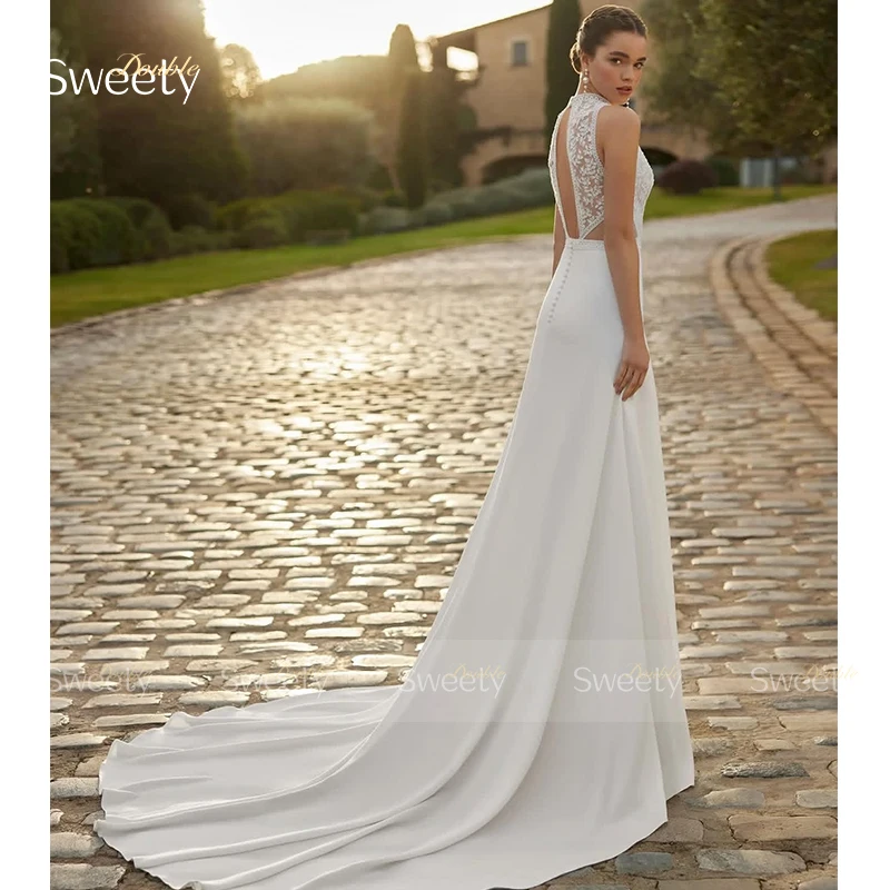 Bohemian Wedding Dress Chiffon With Lace A-Line Bride Dress Around The Neck O-Neck Sleeveless Customized Ball Gown White Dress ﻿