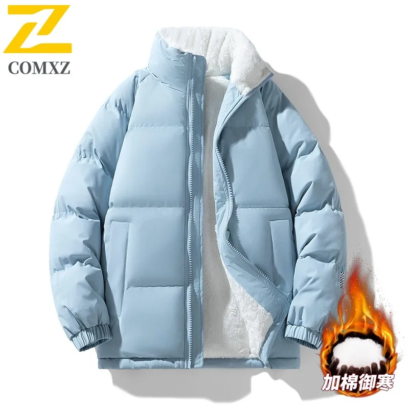 

COMXZ 2025 Men Fleece Lined Jacket Winter Autumn Korean Style Loose Waterproof Windproof Hooded Outdoor Sports Casual Coat