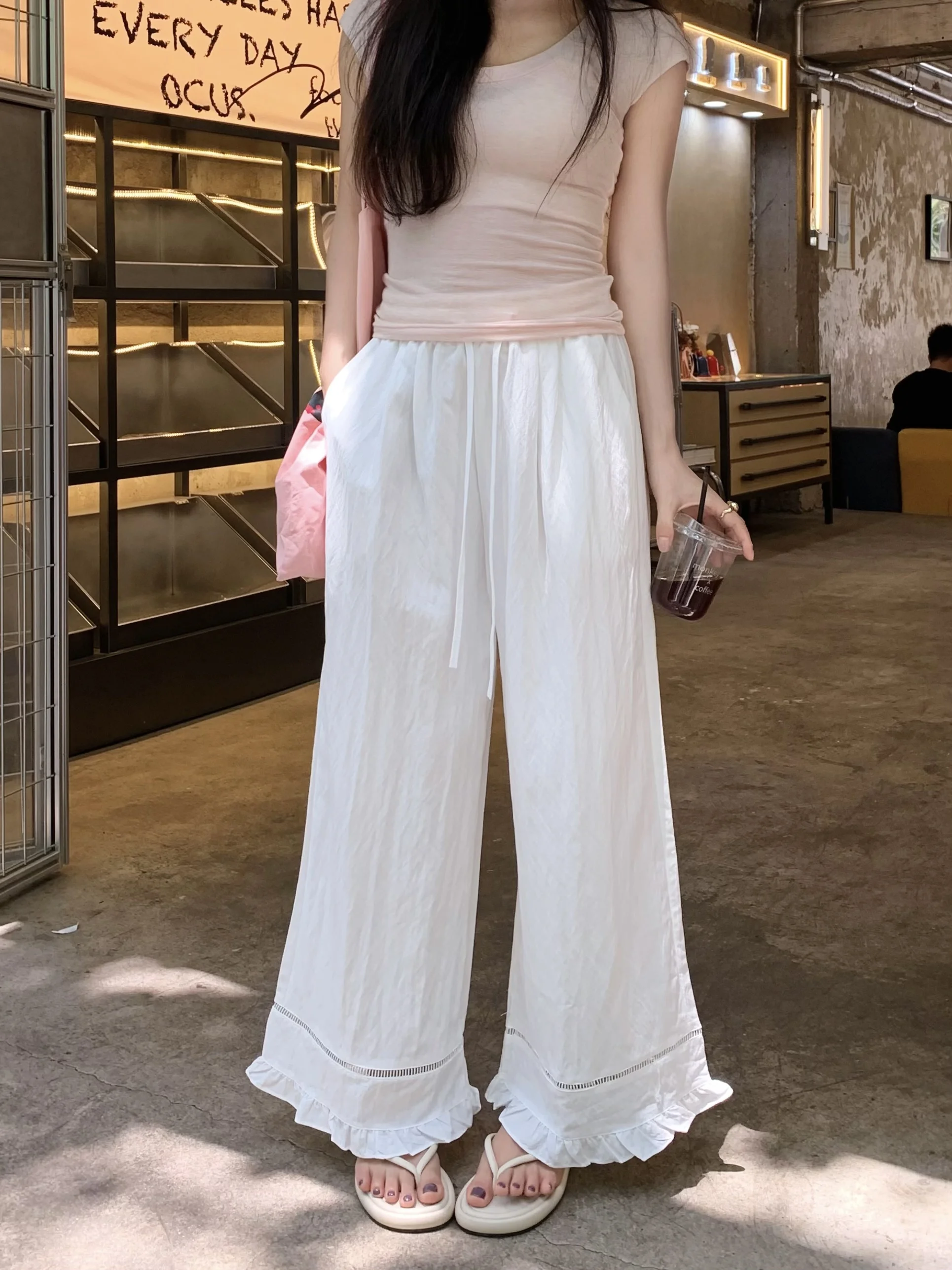 

Kumikumi Lazy Style White Slimming Wooden Drawstring Casual Pants Women Summer Versatile Wide Leg Pants High Waist Strai...