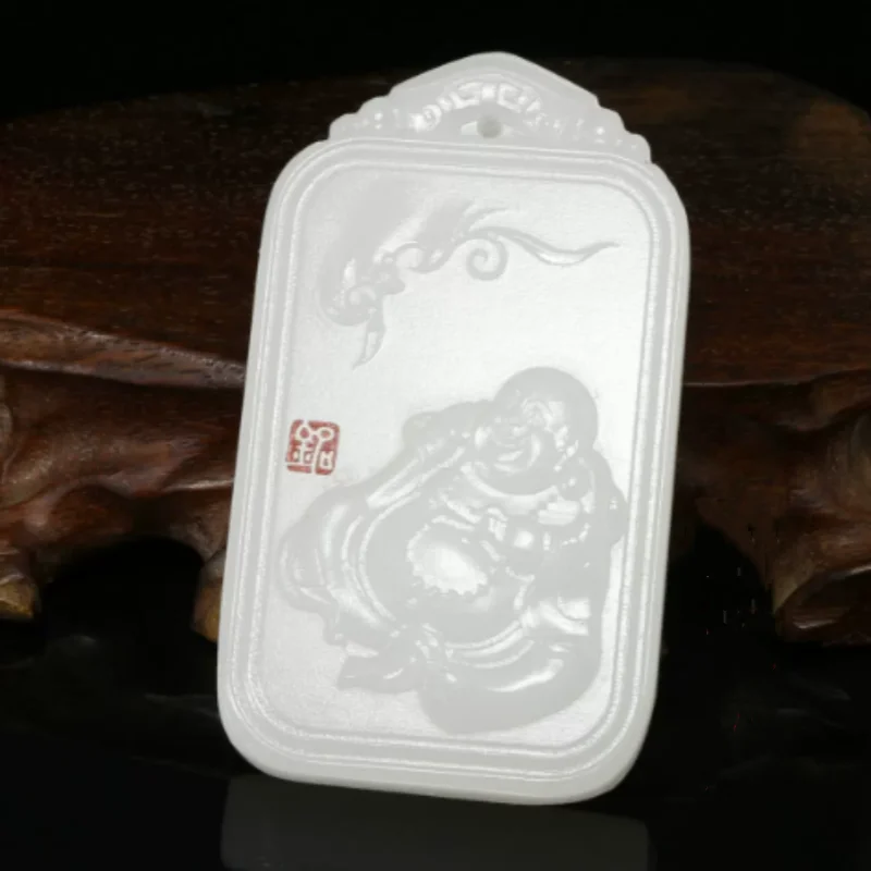 Natural White Jade Laughing Buddha Statue Buddha Plaque - Relief Carved Maitreya Hanging Ornament, Lucky Amulet Talisman Decor