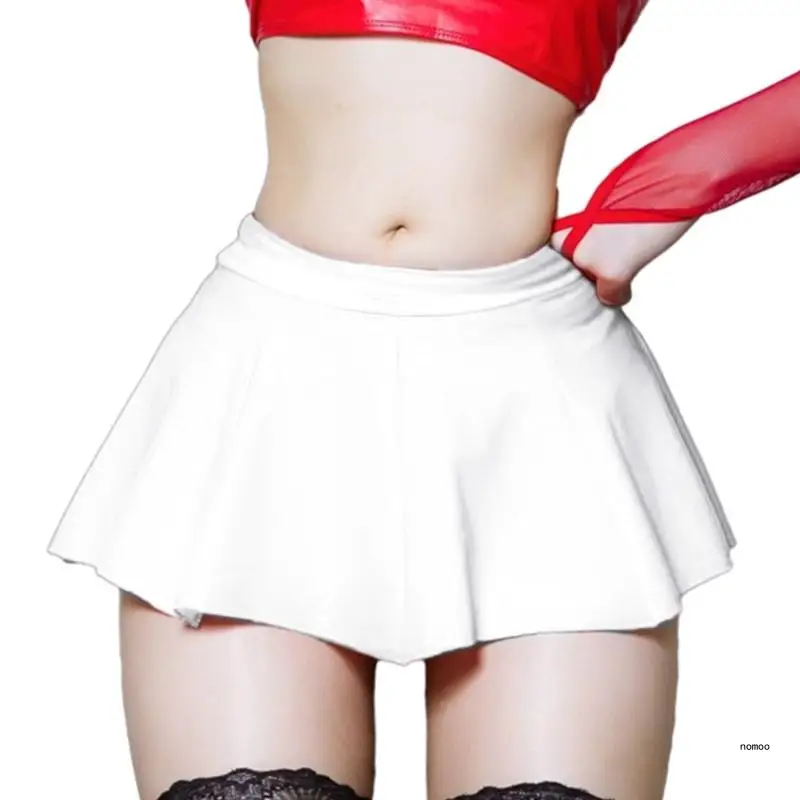 Women Summer PU Faux Leather Solid Color Pleated Mini Skirt High Waist Skirts